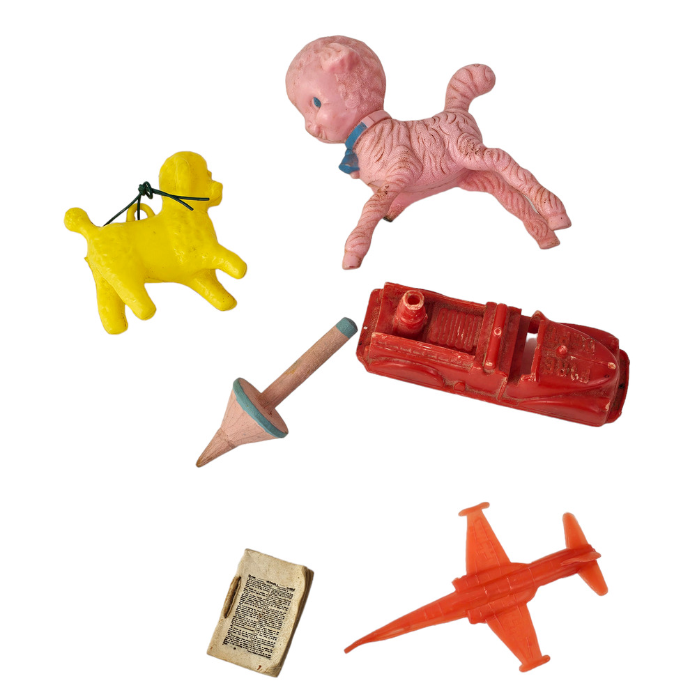 Lot vintage tiny toys poodle wooden top lamb fire truck airplane book